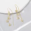 14k Yellow Gold New Minimalist Long Tassel Earrings Elegant Delicate Flower Pendant Zircon