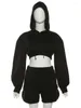 XIZOU Tweedelige sets Dames Casual Outifits Herfst Lange mouw Hoodie Crop Tops Trekkoord Shorts Vrouwelijk Sportief Y2k