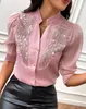 Women's Blouses Fashion 2024 Summer Casual Elegant Shirt Floral Leaf Pattern Contrast Sequin Beaded Top Female Clothing Outfits