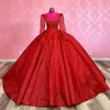 Red Quinceanera Dresses 2024 레이스 업 비드 스팽글 긴 슬리브 볼 가운 아가미 생일 파티 드레스 드레스 DE 15 anos