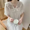 Kvinnors sömnkläder Summer Lace Gown Korean Pyjamas Night Women Wears Mesh For White Patchwork Sweet Dress Solid Style