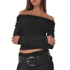 Women's T Shirts Spring Summer Fitted Tops Black Long Sleeve Off Shoulder Ruched T-shirts