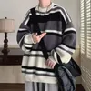メンズセータールーズフィットメンズセーター日本語スタイルカラーブロックニット厚い温かいプルオーバー