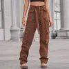 Streetwear Washed Denim Multi-pocket Overalls Trousers 2023 Women Cargo Pants Casual Straight Leg Jeans Workwear