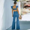 Summer Women's Denim Jumpsuit Blue Loose Round Neck Petal Sleeve Flared Pants 2023 Fashion Casual Streetwear Ladies Jeans