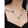 Pendant Necklaces Brass Plating Platinum Y2K Blue Zircon Denim Pearl Necklace 2023