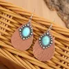 Dangle Earrings 2023 Wholesale Western Style Turquoise Leather Waterdrop Metal Retro Simple Brown Jewelry For Women