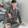 Men's Sleepwear Cotton Men Pajamas Blue Plaid Spring Home Wear Pijamas Set 2 Pieces Bedroom Pjs Long Sleeve Autumn Pyjamas Pant Suits