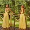 Robes de soirée Jaune Floral Brodé Bal Dos Nu Fluide Maxi Robe Sans Manches Modeste Robe De Demoiselle D'honneur Robe De Novia