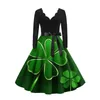 Robes décontractées Femmes Vintage Robe classique St. Patrick's Day Imprimer Femmes Hiver Manches longues Col V Robes élégantes