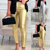 Kvinnors byxor elastiska stretch läder pelare sexig mitt midja faux leggings guld silver vadderad ropa de mujer