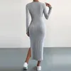Casual Dresses Fall Winter Ribbed Knit Bodycon Long Dress Women Sleeve Side Slit Sweater Female Clothing Elegant Party Vestid