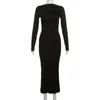 Casual Dresses Vestidos Para Mujer O-neck Long Sleeve Spring Maxi Dress For Women Pleated Black Slim Fit Elegant Party