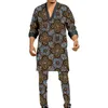 Herrspårar Black Trim Patchwork Design V-Neck Topps Byxor African Print Male Pant Suit Retro Style Nigerian Outfit