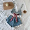 Women's Tracksuits Summer Sweet Lolita Style Denim Shorts Sets Girls Sexy Lace Bandage Camisole Crop Tops Ruffles Jeans Short Pants Women