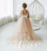 Girl Dresses Fluffy Champagne Tulle Flower Dress For Wedding Party Lace Appliques Girls Birthday Gown Kid Holy First Communion