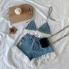Women's Tracksuits Summer Sweet Lolita Style Denim Shorts Sets Girls Sexy Lace Bandage Camisole Crop Tops Ruffles Jeans Short Pants Women