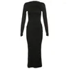 Casual Dresses Vestidos Para Mujer O-neck Long Sleeve Spring Maxi Dress For Women Pleated Black Slim Fit Elegant Party