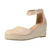Sandals 7cm Wedge Shoes Ladies High Heels Straw Heel For Women Summer Beige