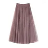 Skirts MOUKYUN Elastic Waist 3 Layers Mesh Long Tulle Skirt Spring Autumn Elegant Vintage High Ball Gown Gauze Tutu