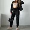 Women's Two Piece Pants Casual Loose Solid Color 2 Pcs Suit Sportwear Long Sleeve Zipper Top & Elastic Waist Drawstring Tied Ankle Sets