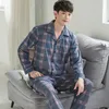 Męska odzież sutowa bawełna męskie pamas niebieski kratą wiosenną domek noszenie pijamas set 2 sztuki sypialnia pJs z długim rękawem jesienne piżamie garnitury spodni