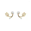 Stud Earrings Korean Elegant Opal Tulip Flower Pearl For Women Luxury Sweet Back Hanging Wedding Charm Jewelry
