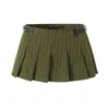 Skirts 2023 Bazaleas Y2K Navy Blue Stripe Pleated Mini Skirt Sexy Buckle Belt Low Waist Summer