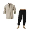 Fatos masculinos calças retro conjunto superior renascentista medieval estilo viking camisa com colarinho laço-up manga longa cintura elástica