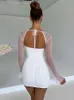 Temel Günlük Elbiseler Mozision Zarif Backless Kadınlar Için Seksi Mini Elbise Robe İki Katmanlı Örgü Tam Kollu Fermuar Bodycon Parti Kısa Vestido 230701