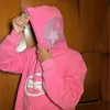 Kvinnors hoodies tröjor stjärna grafik full zip hoodie rosa långärmad topp män kvinnor huva överdimensionerade cardigan streetwear gotiska klädrock 230630