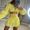 Two Piece Dress Fandy Lokar V Neck Short Tops Suit Fashion Lace Up Solid Suit Elegant Ruffle Mini Skirts Female Ladies 230630