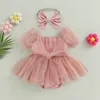 FOCUSNORM 2 pièces bébé fille douce barboteuse robe manches courtes bouffantes dentelle maille Tulle avec nœud bandeau ensemble 230630