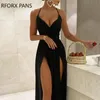 Urban Sexy Dresse Elegant Solid Spaghetti Bodycon Diepe V-hals High Silt Maxi Formele Party Black Dress 230630