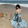 Vestido longo longo sexy decote em V profundo com estampa de alças finas de praia e costas SMLXL
