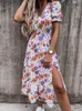Grundläggande casual klänningar y2k sexig blommig tryck dres v halssidan slits elegant lång vår lös boho semester strand vestidos 230701