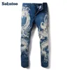 Sokotoo Men's Fashion Dragon Print Jeans Male Colored Ritning Painted Slim Denim Pants Elastic Black Long Byxor Y19072301245J