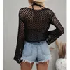 Dames T-shirt Dames Wol Gebreide Effen Kleur Mesh Ronde Hals Lange mouw Gebreide Pullover Tops Voor Dames 5 Kleuren Strandkleding Bikini Cover Up 230630