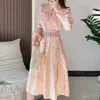 Women's Tracksuits Pink Jacquard Elegant Tops Skirt Vintage Two Piece Sets Beading Luxury Design Party Embroidery Flower 230630