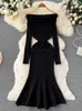 Casual Dresses Romantic Shoulder Mermaid Party Dress Autumn Winter Long Sleeve Wrapped Hip Sticked Women's Tank Sweater P230606