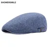 SHOWERSMILE marque bleu marine lin casquette plate britannique décontracté automne hommes casquettes béret pour femmes Vintage français chapeaux et casquettes Chapeau
