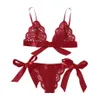 Röd underkläder sexig uppsättning spetsbåge kvinnor sömnkläder v hals transparent bh set ärmlösa intimat spetsbralette och trosor set286l