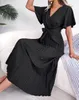 Women Summer Casual V Neck Short Sleeve Pleated Chiffon Maxi Dress Black Red Green Clothing