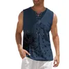 Men's Tank Tops Men Cotton Linen Vest Summer Man Retro Artistic Printing Fashion Sleeveless Tshirt Lace Up Vneck Blouse Casual Shirt 230630