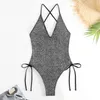 one piece swimsuits sexy bikinis sets deep V swimswear high cut backless shiny bling 1 piece tie back padded summer hot