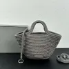 Women's Ibiza Small Basket Summer Beach Bags Cord Two Top Open Closure Handle Travel Tote Aged Silver Hardware Ring Beach Totes Nylon Knit Handbags Long Shoulder Strap