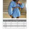 Two Piece Dress Fandy Lokar V Neck Short Tops Suit Fashion Lace Up Solid Suit Elegant Ruffle Mini Skirts Female Ladies 230630