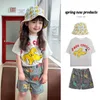Комплекты одежды Лето BOBO Корейский стиль для девочек Симпатичные Ins Street Shoot Bomb Мультфильм Рукав Шорты Комплект Детская футболка 230630