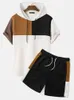 Heren Trainingspakken CharmkpR Knappe Mannen Breien Kleurenblok Patchwork Sets Casual Man Losse Korte mouw Hooded Shorts Tweedelig S 2XL 230630