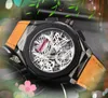 Relógio masculino popular com função completa, cronômetro, pulseira de couro genuíno, movimento de quartzo de luxo, calendário oco, gelo, esqueleto, esportes, pulseira, relógios, presentes